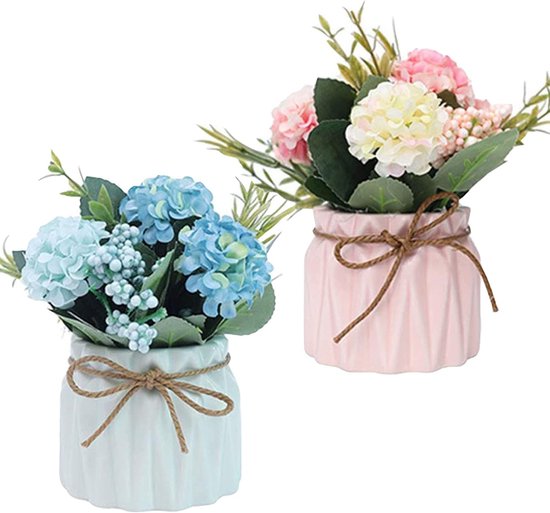 2 stuks Kunstbloemen in potten - Kunstbloemen - Decoratieve planten - Hortensia - Zijden bloemen - Bloemboeket in keramische vaas - Kunstplanten - Huis, Feest, Kantoor, Bruiloft, Tafeldecoratie