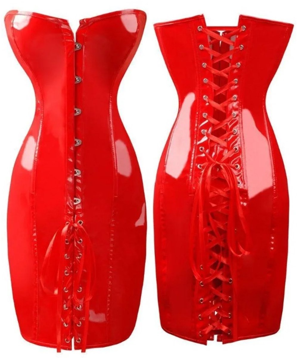 BamBella® - Erotische Jurk- Maat S/M - met vetersluiting Rood Rollenspel sm dames sexy Glans kleding mix van Latex en stof Datex