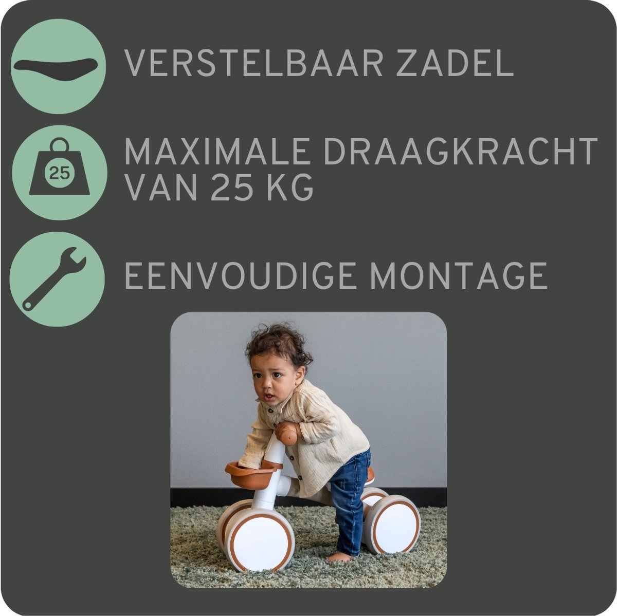 Bandits & Angels Loopfiets First Rider Sand vanaf 1 Jaar voor Jongens en Meisjes - Metaal - Beige Loop Fiets - Compact en Veilig voor Binnen en Buiten — afbeelding 3