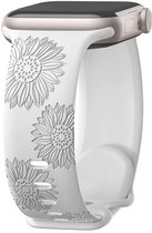 Wit Apple Watch bandje met ingegraveerde zonnebloemen.