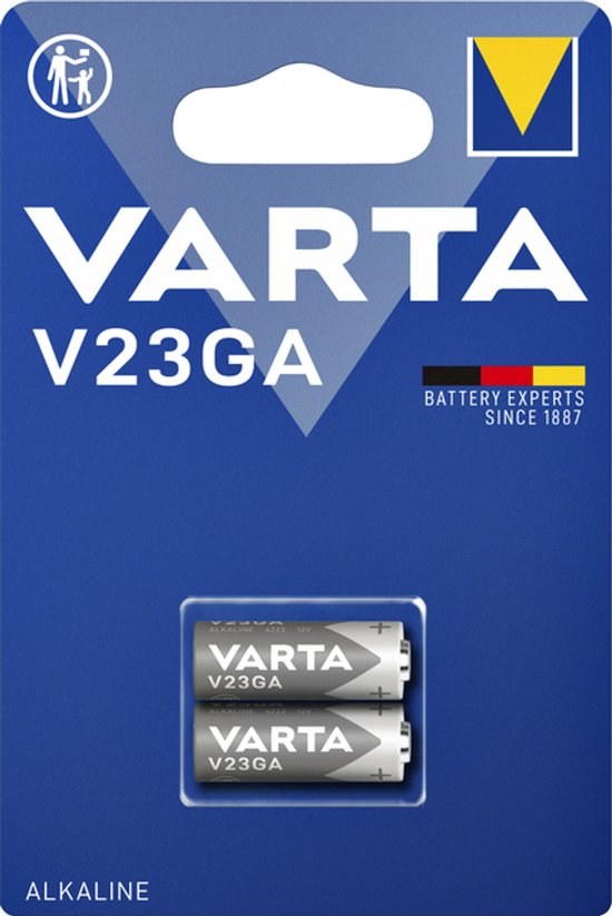 Varta V23GA alkaline batterijen in een blauwe verpakking met twee batterijen zichtbaar.