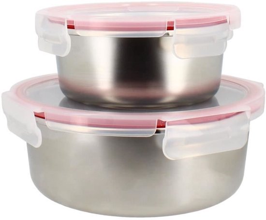 Set van 2 luchtdichte bakjes met deksel - MENASTYL - 5040178 - Roestvrij staal - Rond - 15 en 20 cm - Magnetronbestendig
