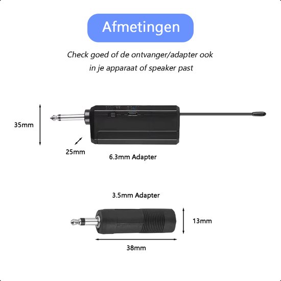 Afmetingen: 6,3mm adapter is 25mm breed en 35mm hoog. 3,5mm adapter is 38mm breed en 13mm hoog.