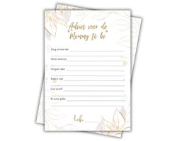Babyshower Invulkaart 'Advies voor Mama' - 20 stuks - Babyshower Spelletjes - Babyshower Kaarten - Gender Reveal - Gender Reveal Spelletjes - A6 Formaat - Gold Flower Collectie