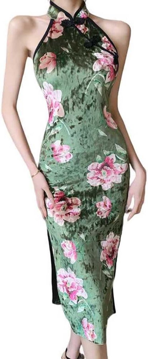 Allecto Plus - Mouwloze Cheongsam met Bloemenprint en Hoge Split - Vintage Chinese Qipao Jurk met Sleutelgat Halter