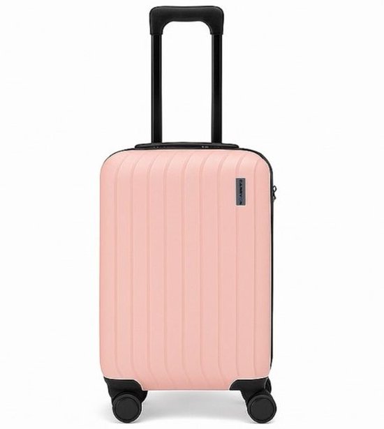 Roze CarryOn koffer met verticale ribbels, een uitschuifbare handgreep en zwarte wielen.
