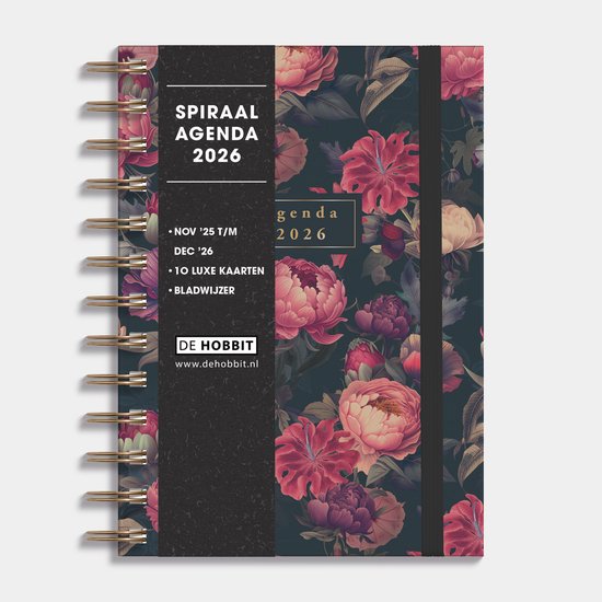 Hobbit - Spiraal Agenda 2026 - B6 (17,5 x 12,5 cm) - Ringband Agenda - 1 week op 2 pagina's - Klassieke Rozen