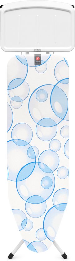 Strijkplank met witte standaard en hoes met blauwe bubbelprint.