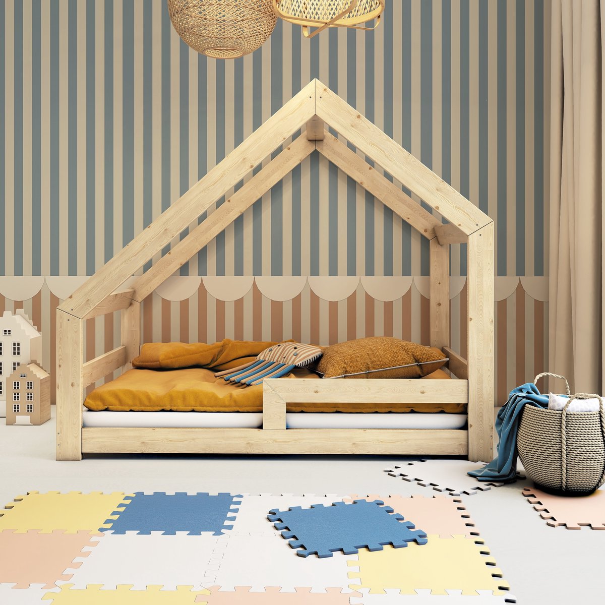 Need Sleep - Montessori Huisbed 90x180 cm – Peuterbed met Valbeveiliging – Asymmetrisch – Naturel Hout