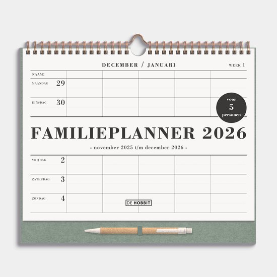 Hobbit - Familieplanner 2026 - A4+ (25,5 x 30 cm) - Familie kalender - Spiraalgebonden - 5 personen - met pen - Groen
