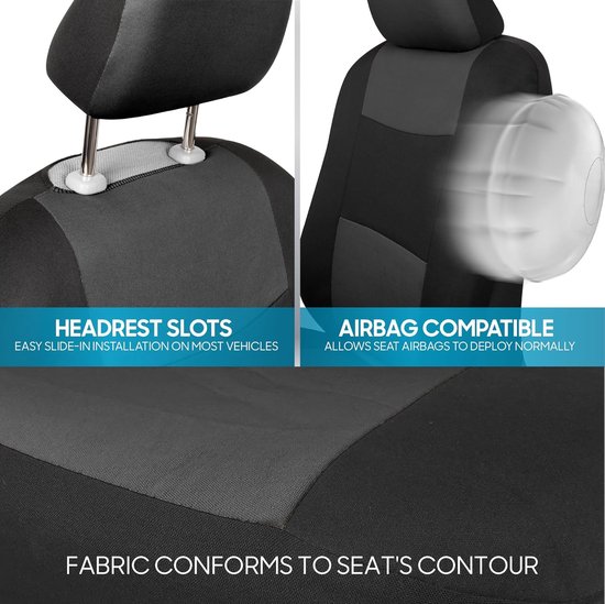 Details van autostoelhoezen: hoofdsteun sleuven voor eenvoudige installatie en airbag compatibiliteit voor normale ontplooiing.