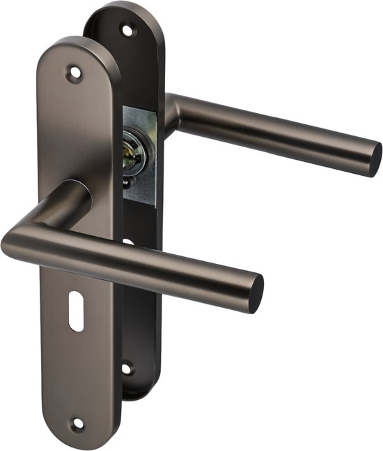 Gedetailleerde weergave van een geborsteld metalen deurklink op een lang schild.