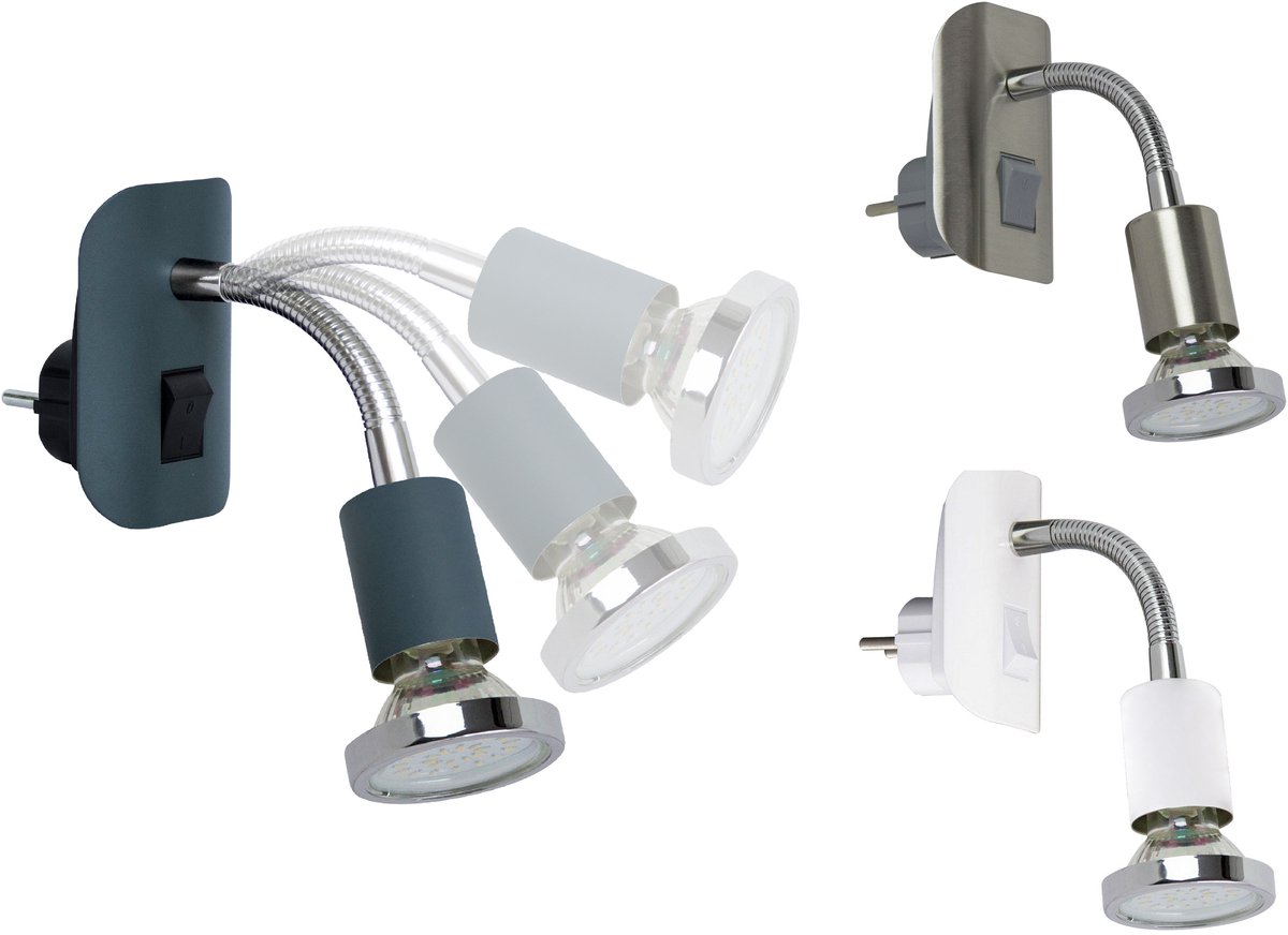 Trango Stekkerlamp in antraciet mat Stekkerlamp 11-055 *FLEXI* Nachtlampje incl. 1x GU10 3000K warm witte LED lamp chroom ring & AAN/UIT schakelaar leeslamp, wandlamp, keukenlamp