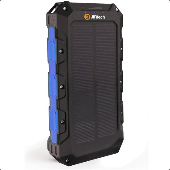 JIR Tech® - Solar Powerbank 30 000 mAh - Ingebouwde kabels - Solar Charger - Powerbank Zonneenergie - Draadloos opladen - Wireless charger - Snellaadfunctie - Snel Laden - Blauw - Usb C - Noodpakket - Zaklamp - Meerdere Apparaten