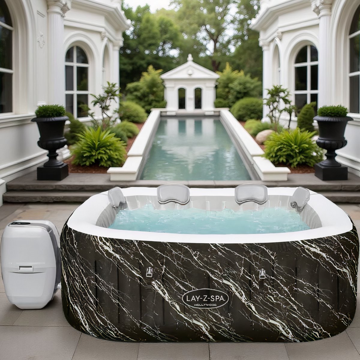 Opblaasbare Vierkante Jacuzzi voor 4–6 Personen – 180 x 180 x 66 cm – 140 AirJets – LED Verlichting – Inclusief Spa Cover, Filterset & Kussens – Voor Elk Seizoen