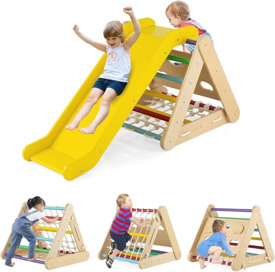 UISEBRT 3-in-1 klimrek, set voor binnen, driehoek voor kinderen, klimdriehoek met glijbaan, klimladder, klimrek, houten speelplaats, voor binnen en buiten, voor peuters vanaf 1 jaar