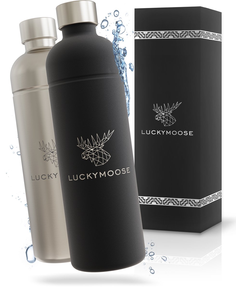 Luckymoose RVS Drinkfles 1,25L - Universeel geschikt voor Bruiswatertoestellen - Set van 2 - Infinity Roestvrijstalen Waterfles - Herbruikbaar - Zwart en Zilver