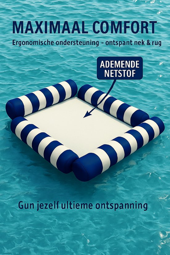 Opblaasbare waterhangmat met blauw-wit gestreepte rand, zwevend op water.