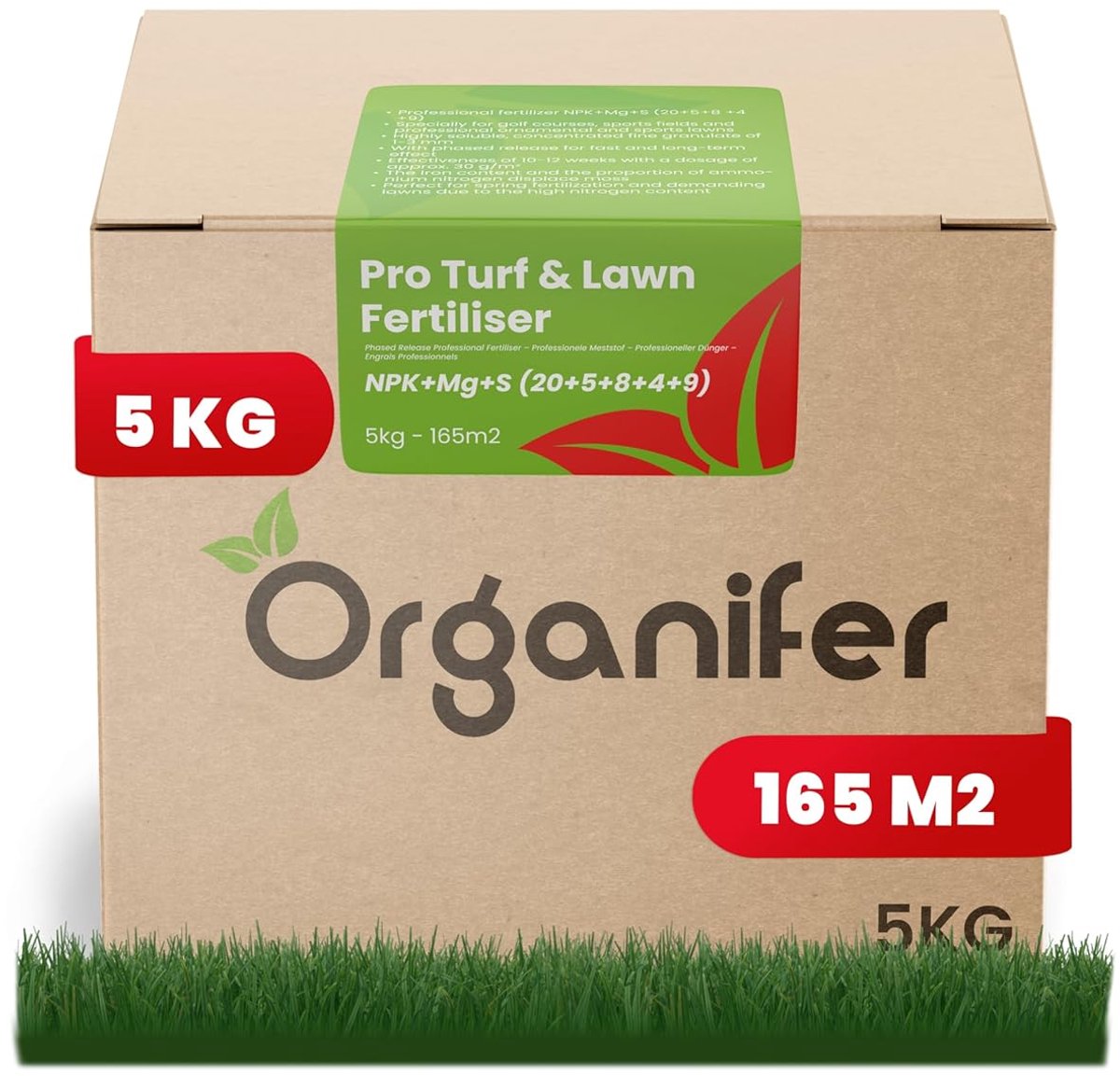 Pro Turf & Gazonmeststof (5kg, 165m2) - Speciaal voor Grote Gazons, Sportvelden & Golfbanen - Gefaseerde Afgifte - Gazonmeststof - Meststof Gazon - Voor een Diepgroen Sterk Gazon Zonder Mos en Onkruid - NPK+Mg+S (20+5+8 +4 +9) - Organifer