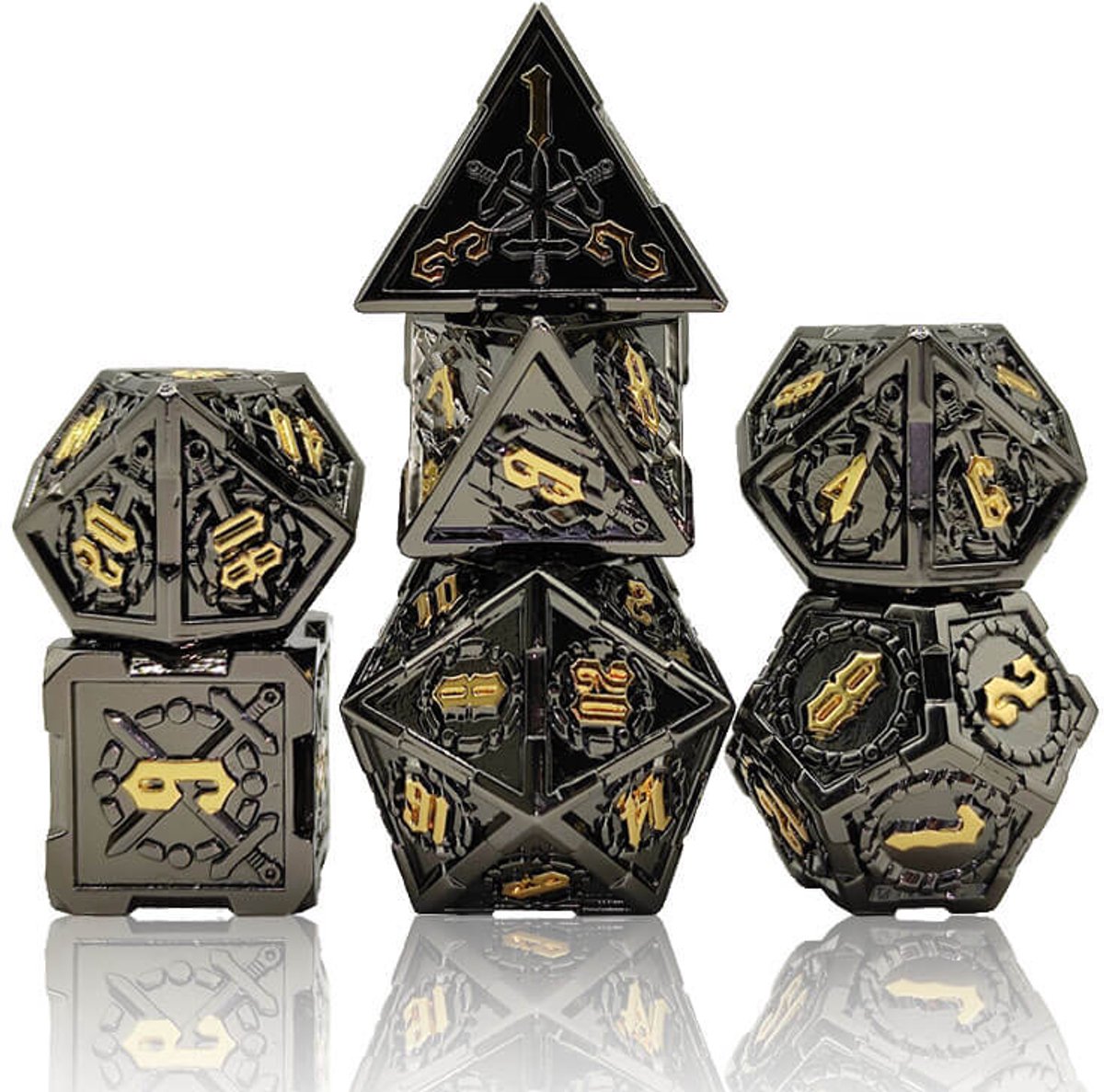 Joya Dice® Polydice Dobbelsteen set geschikt voor rollenspellen zoals Dungeons and Dragons D&D DnD | Dobbelstenen Set | Dice set | Metal dice 7 stuks set | Incl Luxe Opbergdoos | Metalen Dobbelstenen Zwart