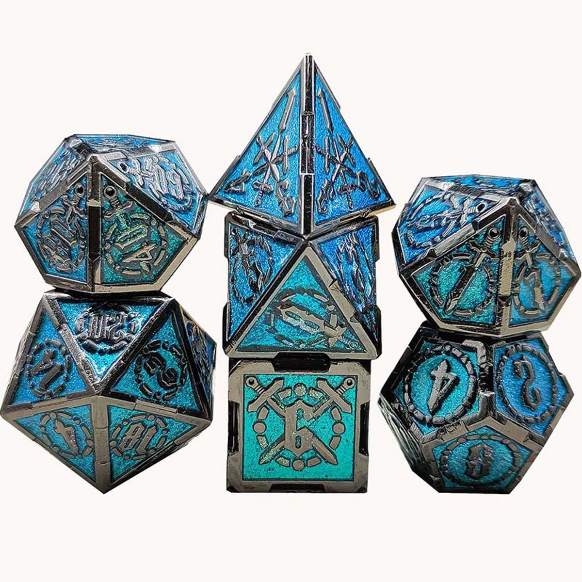 Joya Dice® Polydice Dobbelsteen set geschikt voor rollenspellen zoals Dungeons and Dragons D&D DnD | Dobbelstenen Set | Dice set | Metal dice 7 stuks set | Incl Luxe Opbergdoos | Metalen Dobbelstenen Donker Blauw