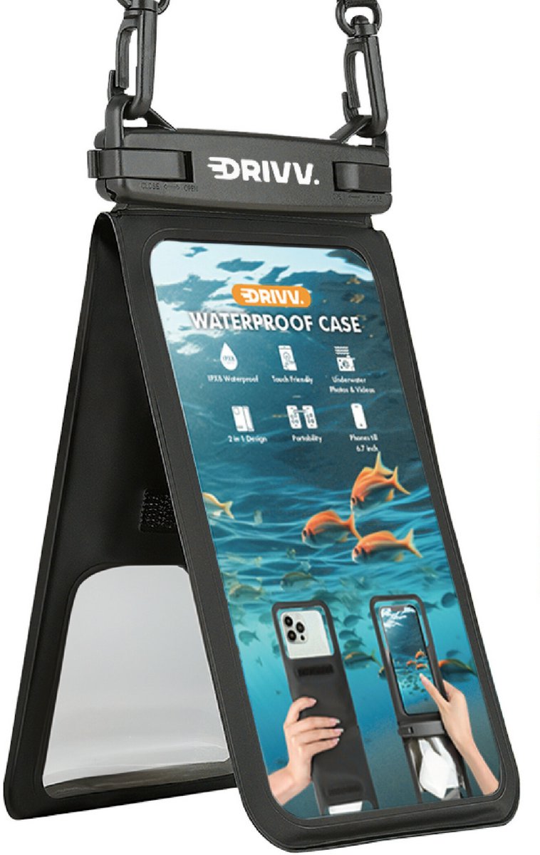 Drivv. Waterdicht Telefoonhoesje 2 in 1 met Koord - Universeel tot 6.7 inch – Onderwater hoesje telefoon - Zwart