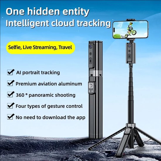 Zwarte selfie stick op statief met telefoonhouder, met tekst 'One hidden entity'.