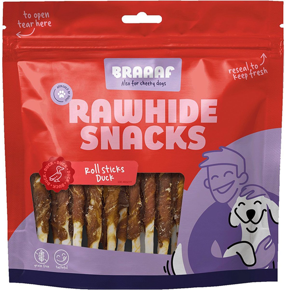 ** 2 X ** BRAAAF hondensnack - rollstick 12.5 cm eend - 300 gr = 600 gram - tandverzorgend -
