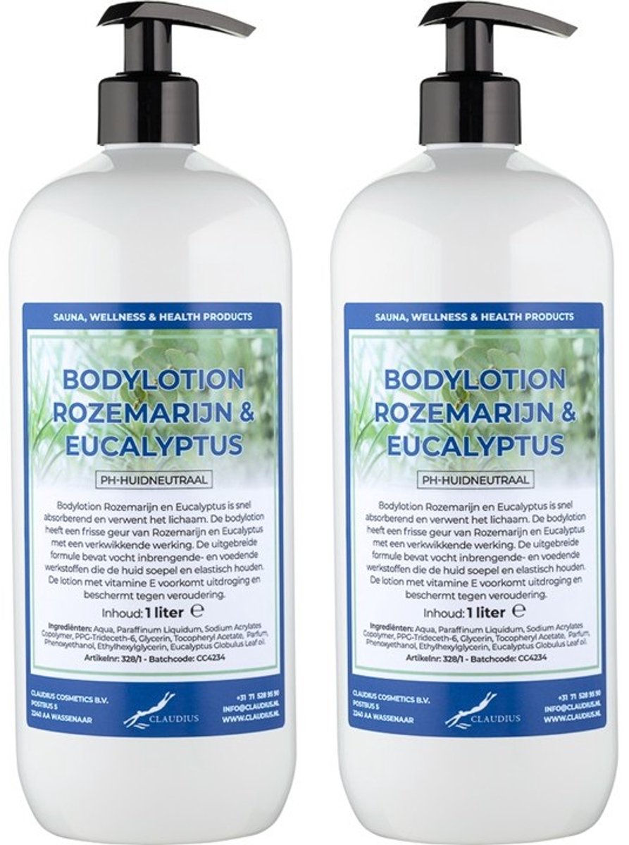Bodylotion Rozemarijn & Eucalyptus 1 Liter - met gratis pomp - set van 2 stuks