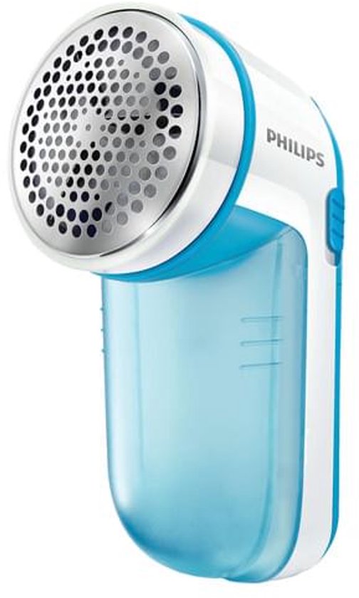 Lichtblauwe Philips pluizenverwijderaar met een zilverkleurig rooster en een doorzichtig reservoir.