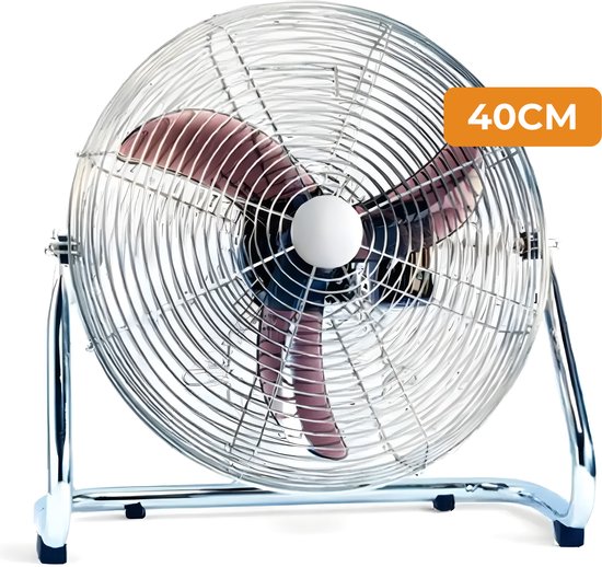 Vloerventilator 40 cm chroom met metalen behuizing, 3 standen, 50W energiezuinig, kantelbaar, staand