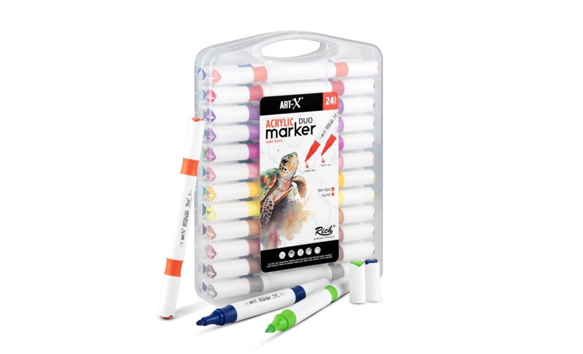 Twinmarkers Acryl Markerset – Dubbele Punt 1 mm & 6 mm – Sneldrogend, Waterbasis, Niet-giftig – Ideaal voor Tekeningen, DIY, Scrapbooking & Creatieve Projecten – 24 Kleuren