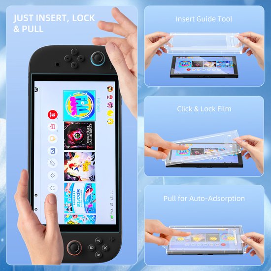 Instructieafbeeldingen: 'Just insert, lock & pull' met Nintendo Switch en accessoires. Toont plaatsing van screenprotector met tool.