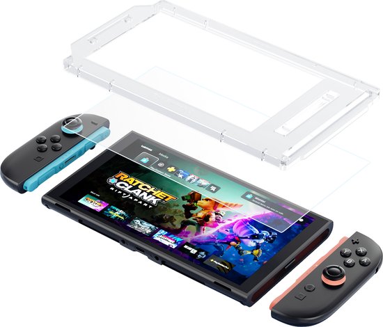 Nintendo Switch 2 met blauwe en oranje Joy-Cons, met installatietray voor schermprotector.
