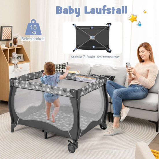 COSTWAY 5-in-1 babybed, draagbaar bijzetbed, reisbed met opvouwbaar matras, luiertafel, baldakijn, speelboog en muziekdoos, wieg met wieltjes, draagtas voor baby's tot 36 maanden (grijs) van COSTWAY — afbeelding 4