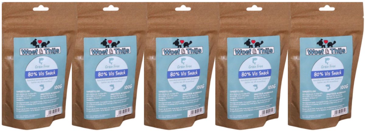 5x 100gr Woef & Thijs Gezonde graanvrij honden beloningssnack vis