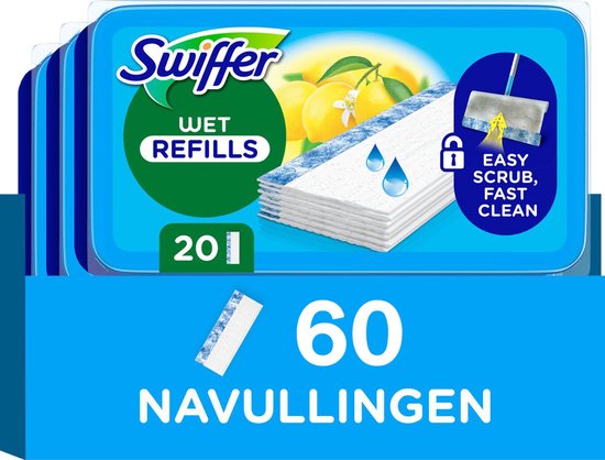 Verpakking van 3 Swiffer vochtige vloerdoekjes met citroenen, totaal 60 navullingen.