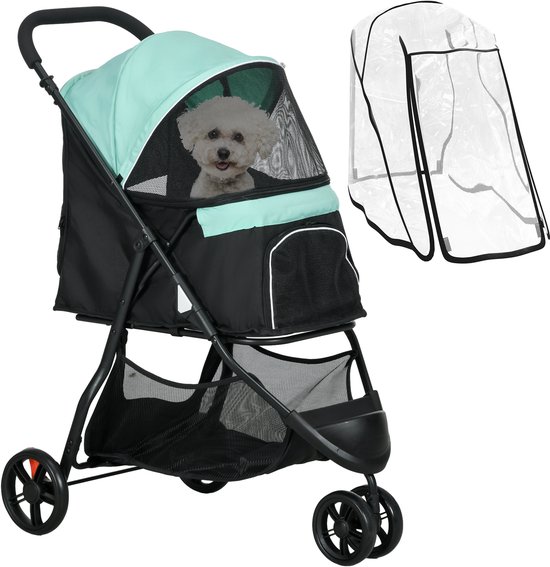 Foto: Pawhut 2 in 1 hundewagen hundebuggy mit regenschutz klappbar f r hunde katzen bis 10 kg katzenbuggy mit kissen netzfenstern t ren aufbewahrungskorb katzenwagen buggy gr n