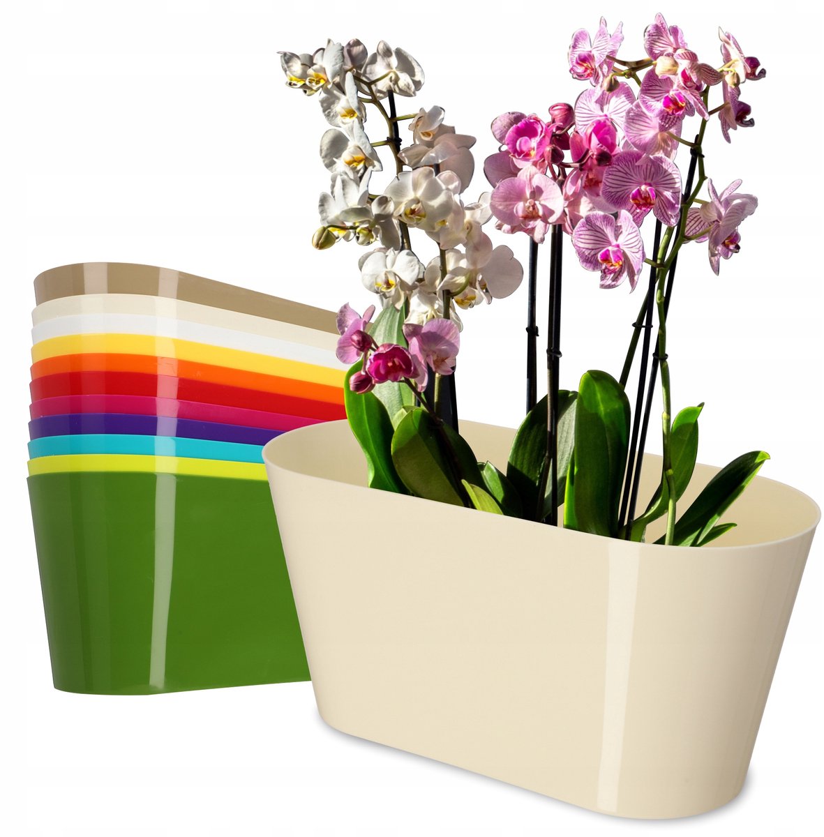 KADAX Bloempot van kunststof, 27 x 13 cm, brede pot, ovale plantenpot, bloemenbloempot voor orchideeën, Bellis, viooltjes, draceinen (ecru)