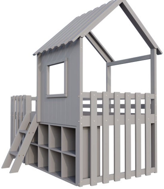 Lit cabane pour enfant 90x200, avec toit et fenêtre, avec espace de rangement ouvert, avec échelle d'escalade, lit superposé pour enfant en bois massif sans matelas, gris