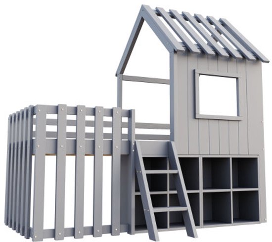 Lit cabane pour enfant 90x200, avec toit et fenêtre, avec espace de rangement ouvert, avec échelle d'escalade, lit superposé pour enfant en bois massif sans matelas, gris