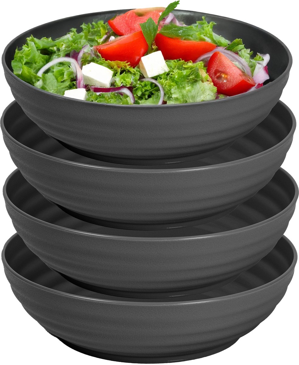 Plasticforte Rond bord/camping - 8x - diep bord/schaaltje - D19 x H5.5 cm - zwart - kunststof - soepborden - onbreekbaar servies