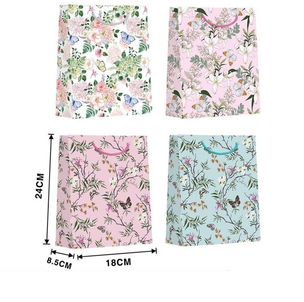 Set met 12 cadeautasjes - Bloemen - Vlinders - Afmeting 24 x 18 x 8,5 cm. - Roze - Groen - Wit - Lila