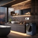 Machine à laver moderne bleu foncé dans une salle de bain luxueuse avec carrelage sombre, une baignoire îlot et une vanité en bois.