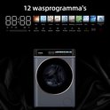 Lave-linge gris avec 12 programmes de lavage, écran numérique et panneau de commande tactile.