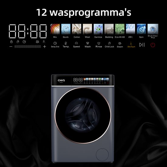 Lave-linge gris avec 12 programmes de lavage, écran numérique et panneau de commande tactile.