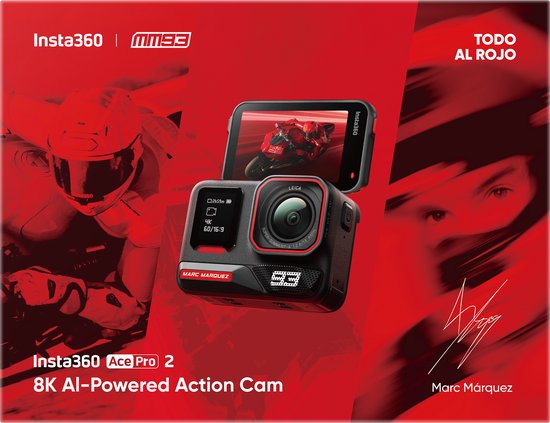 Doos van Insta360 Ace Pro 2 8K actiecamera in Marc Márquez editie, met rode grafische elementen en handtekening.