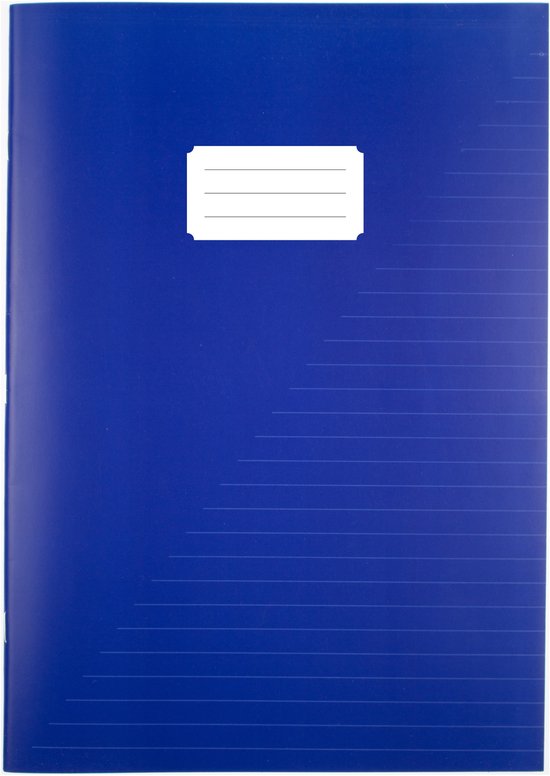 Blauw schrift met rasterpatroon en wit label.