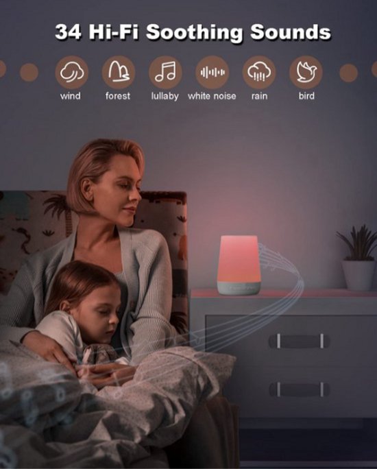 White Noise Machine - Brown Noise - Wekker - Led verlichting Nachtlicht - Met Applicatie -Witte ruis apparaat - Slaap routine - Baby slaapmachine - Ontspanning en Relaxing — afbeelding 5
