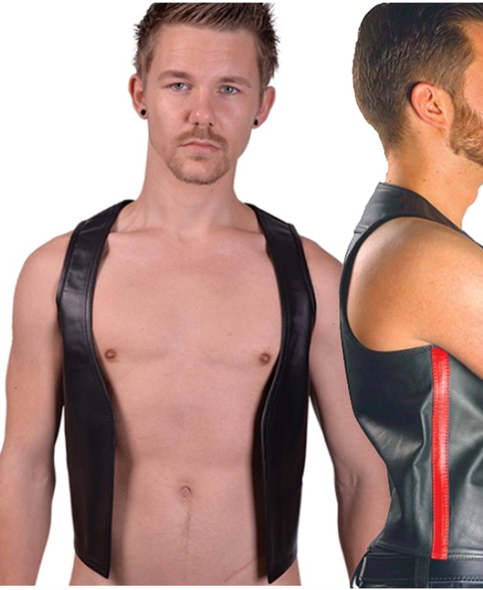 Mister b leather muscle vest red striped large